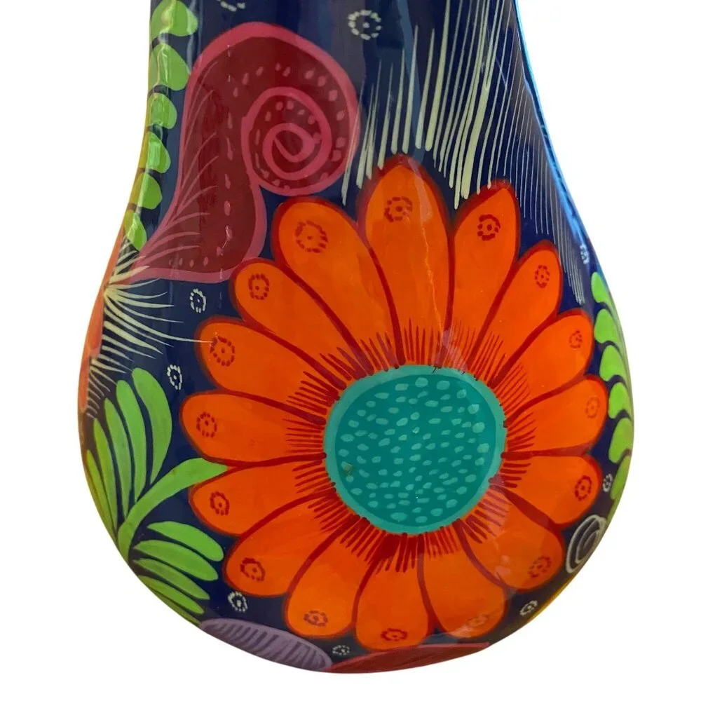 Terracotta hand-painted floral‎ jug bright boho unique clay flowers, Mexican